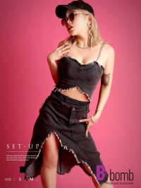 bombshell/ボムシェル bombshell セットアップ 韓国風 セットアップ ダメージ加工 ブラックデニム ダメージデニム ショルダーチェーン セクシー インポート 個性/505516410