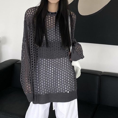 クーポン】【セール40%OFF】メッシュニット 透かし編みトップス 長袖 