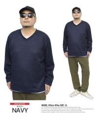 one colors/ニットソー メンズ 大きいサイズ Vネック フェイクレイヤード 裏起毛 長袖Tシャツ ニット カットソー  セーター 暖かい ニットセーター ロンT 長袖 Tシ/505570913