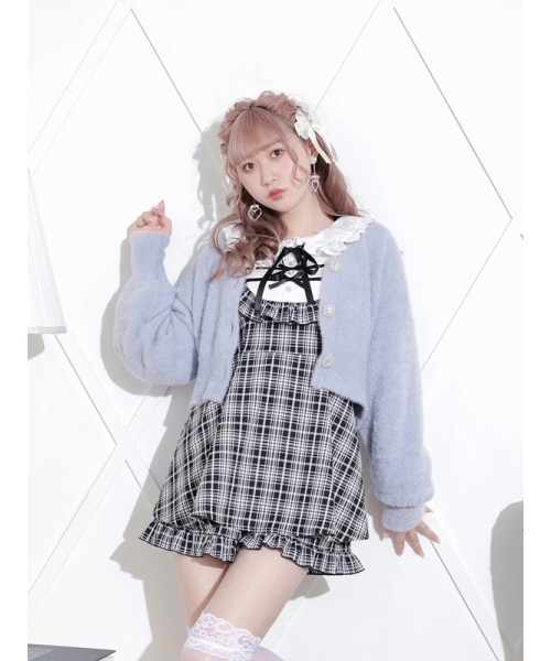 セール】お嬢さんビジューボタンフェザーショートカーディガン セール】お嬢さんビジューボタンフェザーショートカーディガン