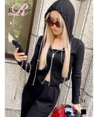 Rew-You/ルームウェア 黒 セットアップ リブニット 海外セレブ インポート フード付き ロングパンツ 長袖 機内服 海外旅行 Rwear/505599049