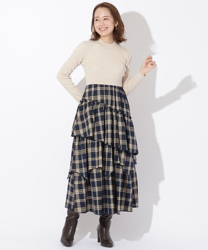 Rose Tiara 七分袖？　ドッキングワンピース チェックスカート Rose Tiara 七分袖？ ドッキングワンピース チェックスカート