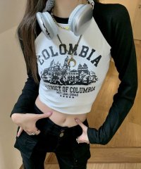 shopnikoniko/ショート丈 ラグラン ロゴプリント ロンT ma 【即納】 長袖 ロングTシャツ クロップド タイト プルオーバー 配色 ラウンドネック モノトーン Y2K レ/505632238