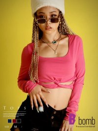 bombshell/ボムシェル bombshell 長袖カットソー カットソー ショート丈 カットアウト 無地 肌見せ 鎖骨見せ ストレッチ クール レッスン着 ストリート Bbo/505633683