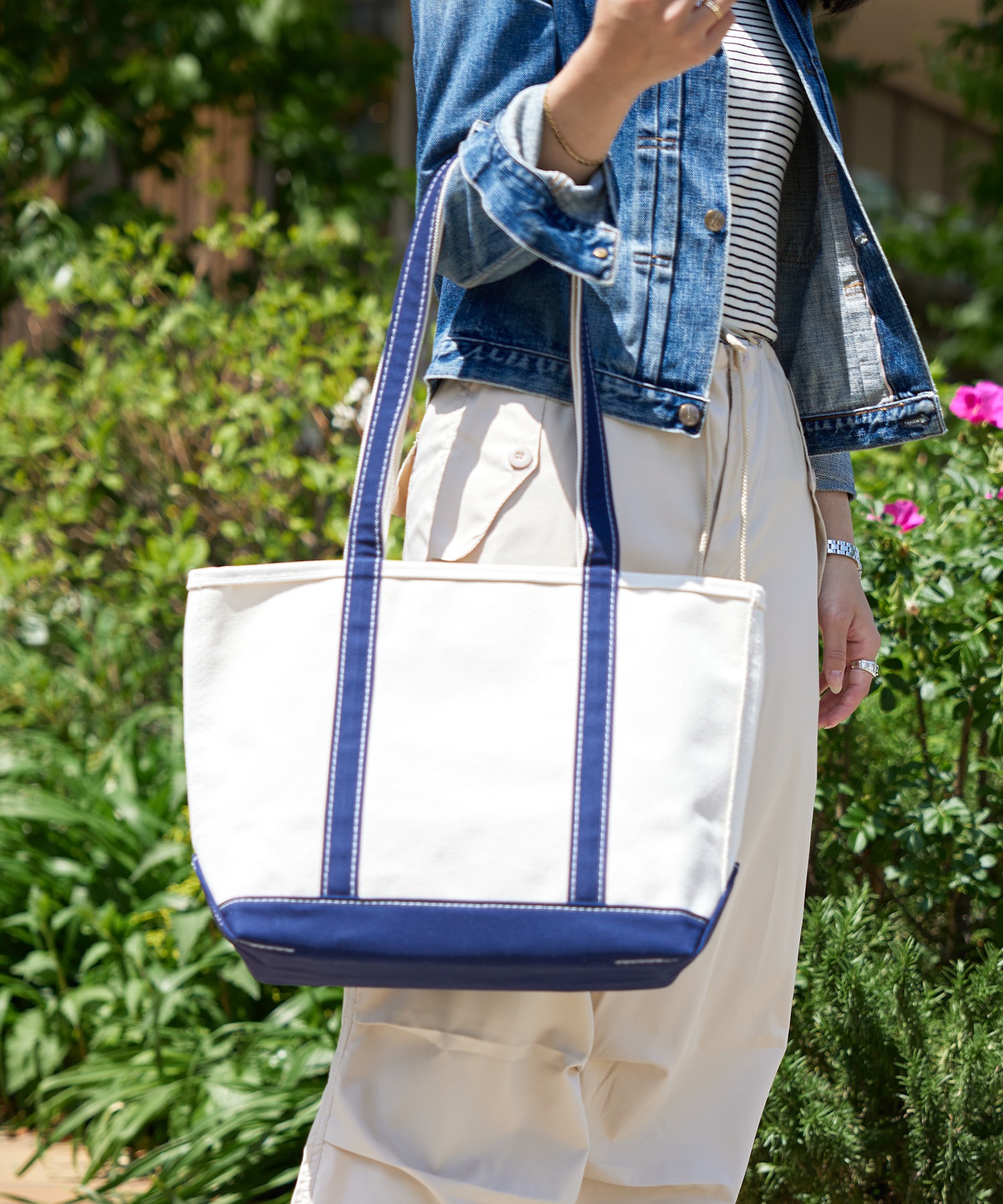 ll beanキャンバス トートバッグ ホワイト/パープル エルエルビーン L.L.Bean LONG トートM ボートアンドトート