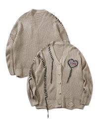 HOOK/フック HOOK HOOK ーoriginalー ブロックチェックハートパッチ ワッフル編みクレイジーステッチVネックカーディガン 裾ダメージ加工/505645299