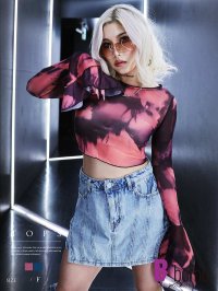 bombshell/ボムシェル bombshell 長袖カットソー マーブル柄 シースルー ボリューム袖 フリル袖 ショート丈 クルーネック セクシー 透け感 インポート モード /505647601