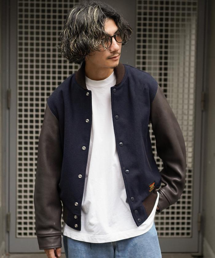 SCHOTT × SKOOKUM 110ドル 袖レザー スタジアム ジャケット SCHOTT × スクーカム 110ドル 袖レザー スタジアム ジャケット L
