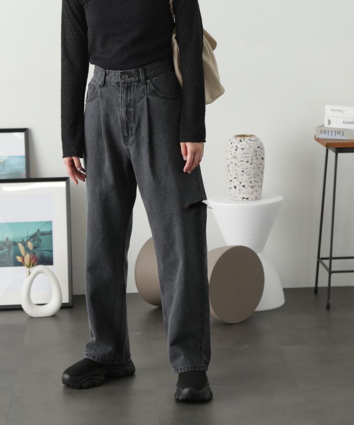 セール 30%OFF】サイドカットタックワイドデニム(505699216