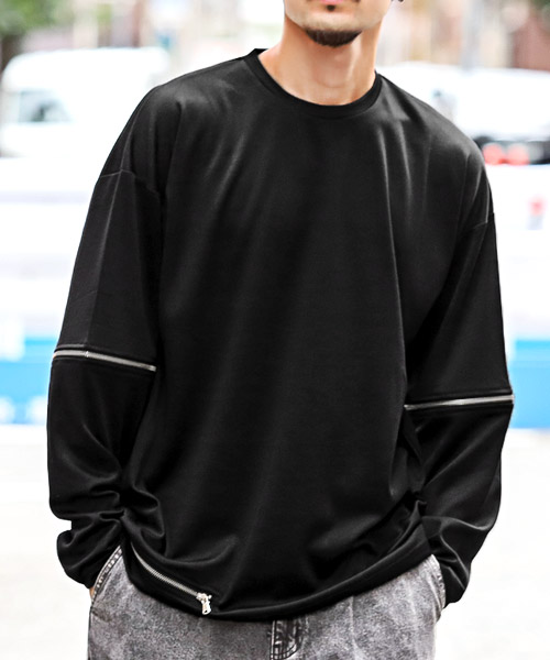 WEWILL zip 半袖シャツ　シルク混　黒　L ビッグシルエット ラグスタイル LUXSTYLE 2WAY ZIPデザインロンT/ロンT メンズ