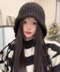 shopnikoniko/ショップニコニコ ShopNikoNiko ポンポン紐付き フードニットキャップ 【即納】 ニット帽子 ニットガイド 耳付き帽子 バケットハット バラクラバ か/505764948