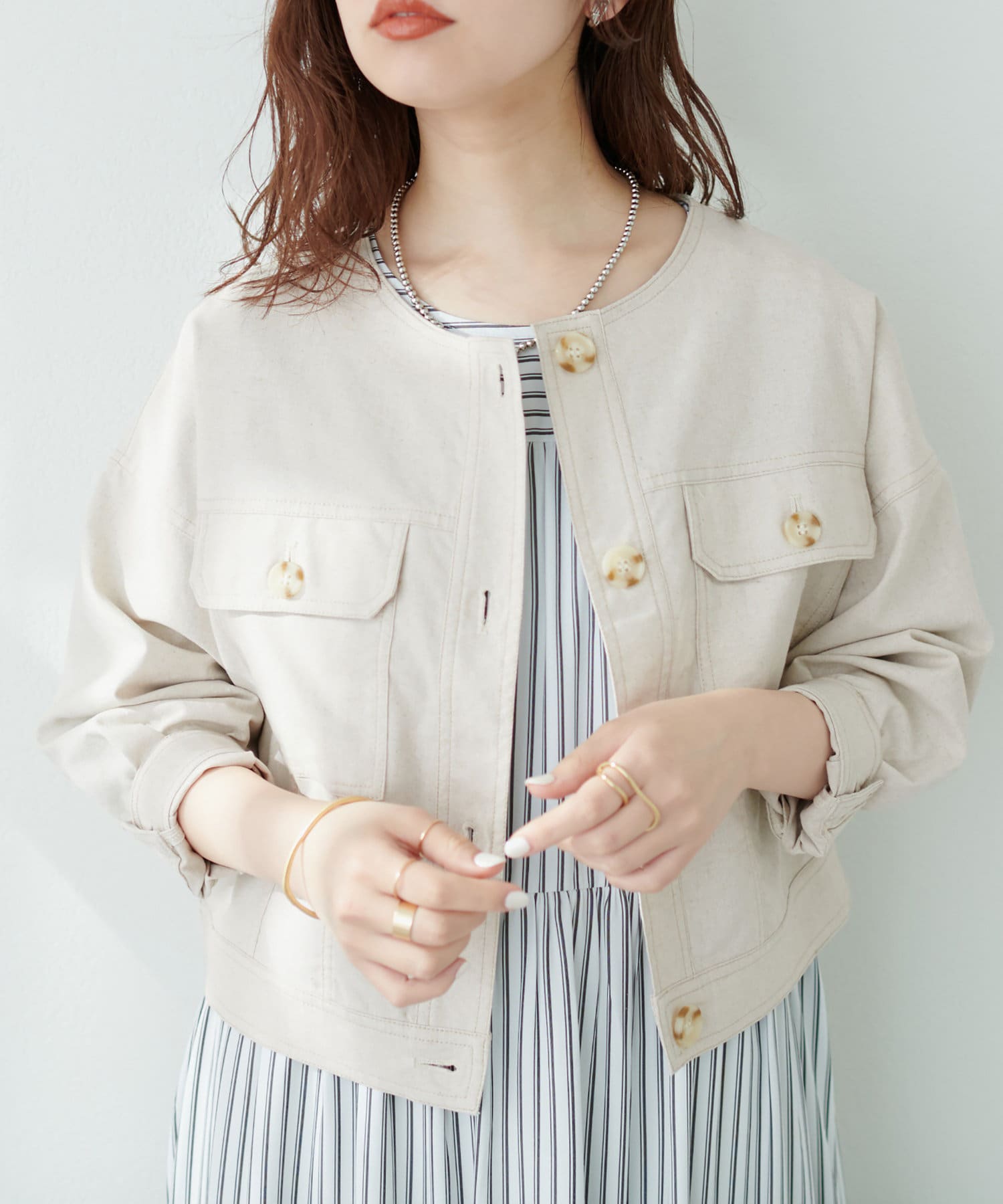 セール 40%OFF】【natural couture】WEB限定綿麻ノーカラー7分袖