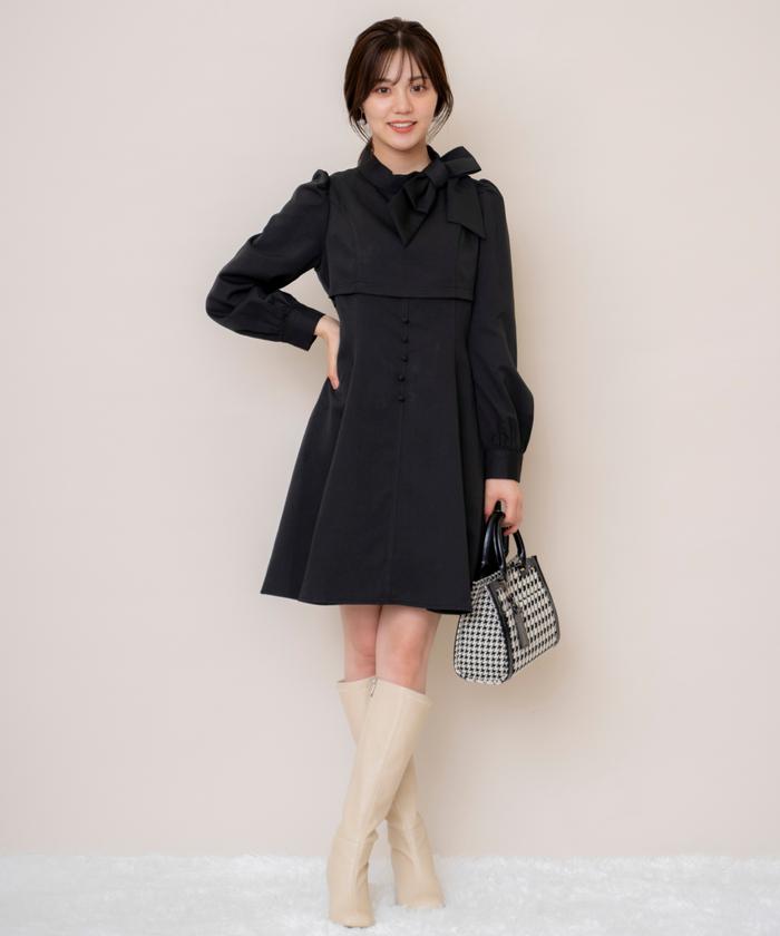セール 50%OFF】レイヤード風リボンネックミニワンピース セール 50%OFF】レイヤード風リボンネックミニワンピース