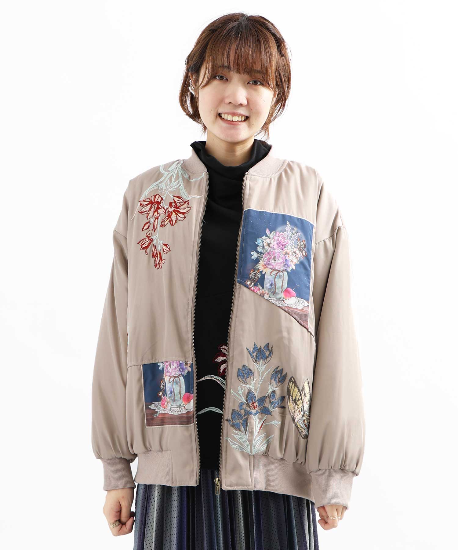 セール】スカラー ScoLar 花蝶刺繍 中綿入りブルゾン(505762744 セール】スカラー ScoLar 花蝶刺繍 中綿入りブルゾン(505762744