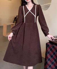 Amulet/アミュレット Amulet Vネックワンピース レディース 10代 20代 30代 韓国ファッション 春 秋 冬 カジュアル 可愛い レトロ 上品 シンプル 黒/505781013