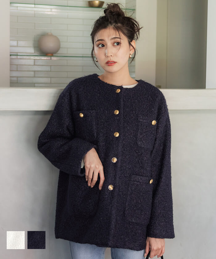 FASHION MESSAGE ニット ノーカラーコート よくっ ミドル丈 グレー FASHION MESSAGE ニット ノーカラーコート よくっ ミドル丈 グレー
