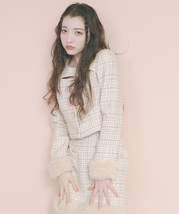 セール 50%OFF】デコルテみせファー付きツィードジャケット セール 50%OFF】デコルテみせファー付きツィードジャケット