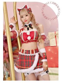 Rew-You/サンタ コスプレ ネコ サンタ クリスマス チェック リボン ミニ チョーカー 可愛い セクシー ギャル Ryuyu/505796774