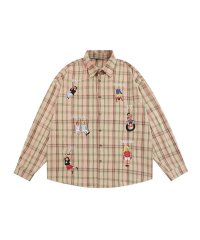 【HOOK】レトロ調人物刺繍チェック柄長袖シャツ