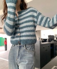 Amulet/アミュレット Amulet クロップド丈ニットカーディガン レディース 10代 20代 30代 韓国ファッション 秋 冬 カジュアル 可愛い 赤 青 黒 ボーダ/505812333