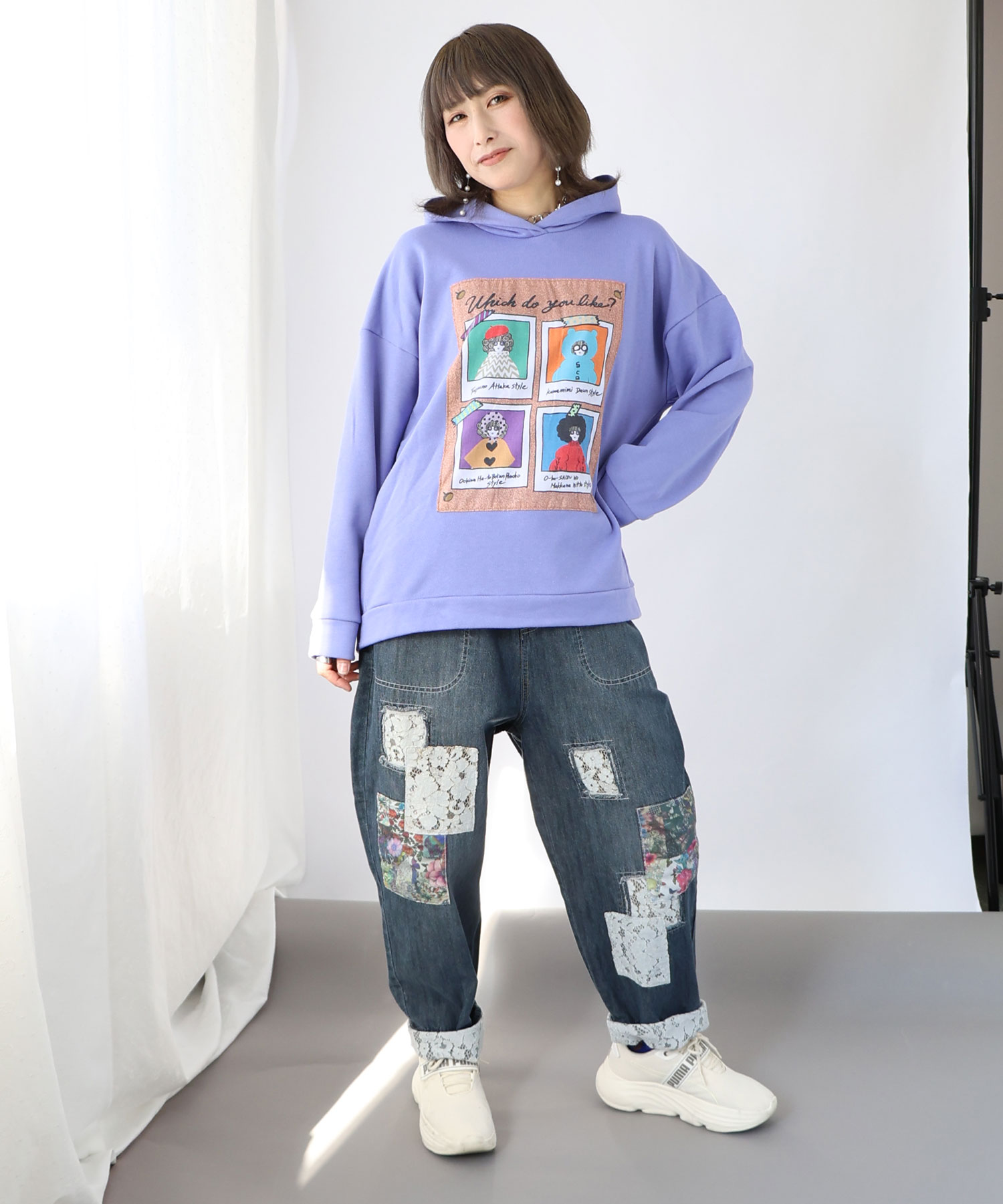 クーポン】スカラー ScoLar デニム×レース 花柄アップリケパンツ