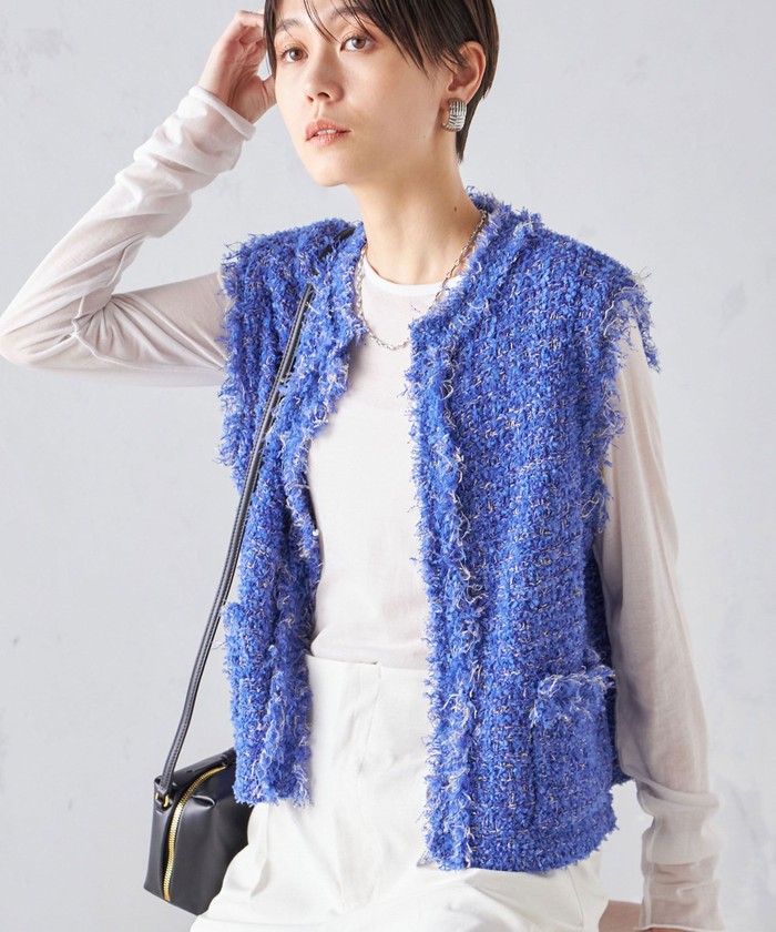 【シップス　ウィメン】〈手洗い可能〉ラメ ツイード フリンジ ジレ 24SS ◇ SHIPS｜<手洗い可能>ラメ ツイード フリンジ ジレ 24SS