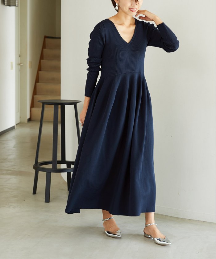 【美品】VERMEIL par iena フォルムニットフレンチワンピース　青 VERMEIL par iena イエナ フォルムニット フレンチワンピース 青