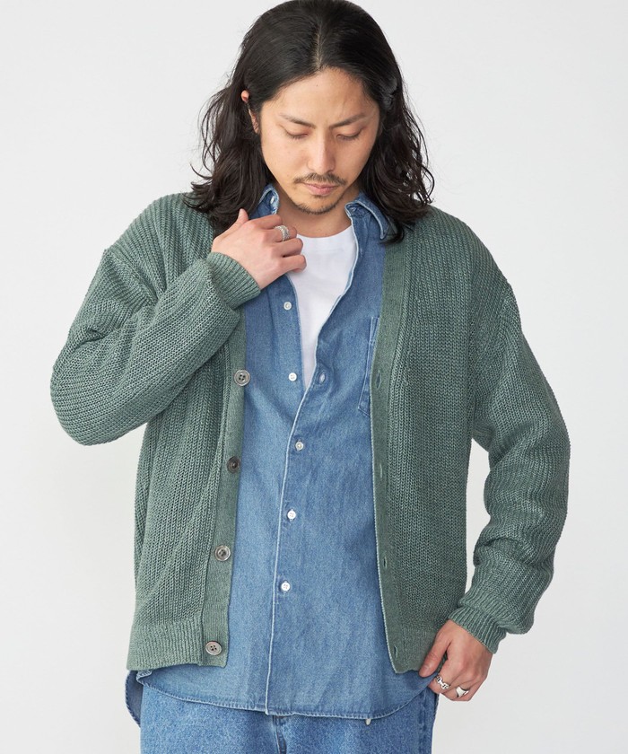COACH カーキ オリーブグリーン カーディガン MENS S 美品 フェザーモールニットカーディガン＜グリーン＞(S グリーン