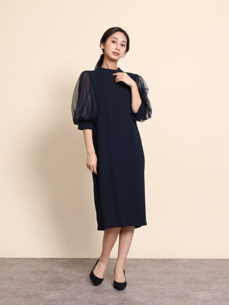 美品 フェンネル　FENNEL チュールスリーブバックリボンワンピース　9号 フェンネル FENNEL チュールスリーブバックリボンワンピース