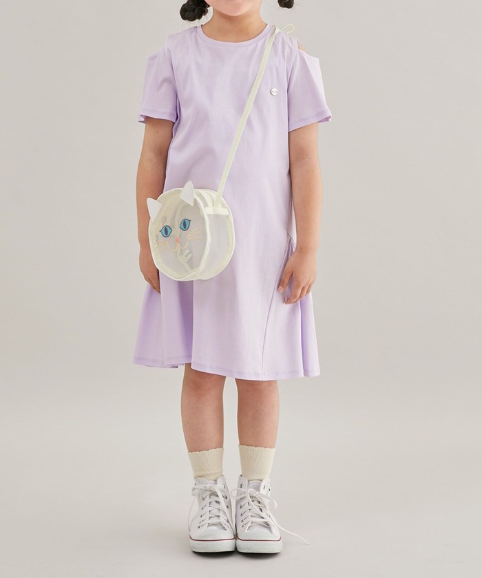 新品未使用 紫 猫の顔 半袖フード付きワンピース 140cm