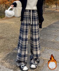 shoppinggo/チェック柄パンツ ワイドパンツ 裏起毛パンツ レディース ストレート ウエストゴム パンツ ズボン ゆったり リラックスパンツ/505896290