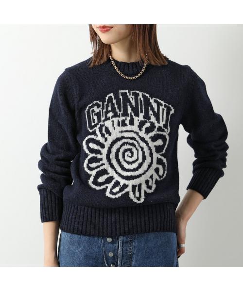 GANNI ブルーフラワープリント長袖Tシャツ