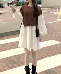 Amulet/アミュレット Amulet セットワンピース シャツワンピース ベスト レイヤード風 長袖 かわいい レディース/504138556