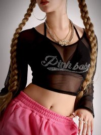 bombshell/ボムシェル bombshell 長袖カットソー メッシュトップス ブラ キラキラ ストーン付き ビジュー付き 2点セット シースルー トップス 重ね着 クラブフ/505936207