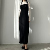 Louere/ルエレ Louere Louere リボンショルダーサテンIラインワンピース【ペチスカートセット】/505937243