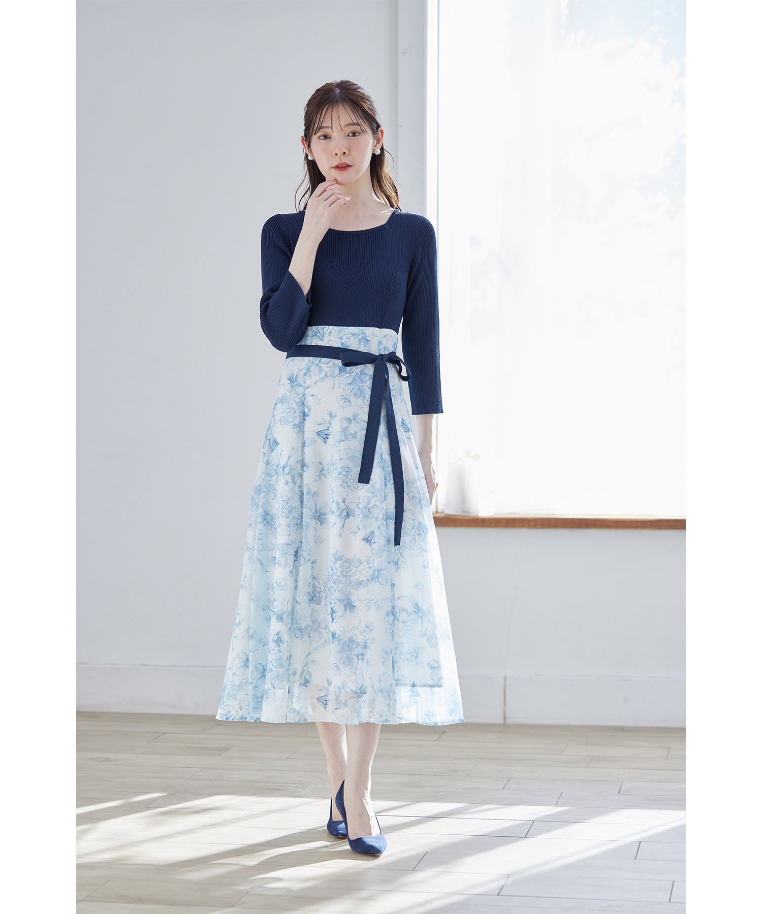新品　ウエストりぼん付きリブニット×フラワープリントドッキングワンピース ウエストりぼん付きリブニット×フラワープリントドッキング