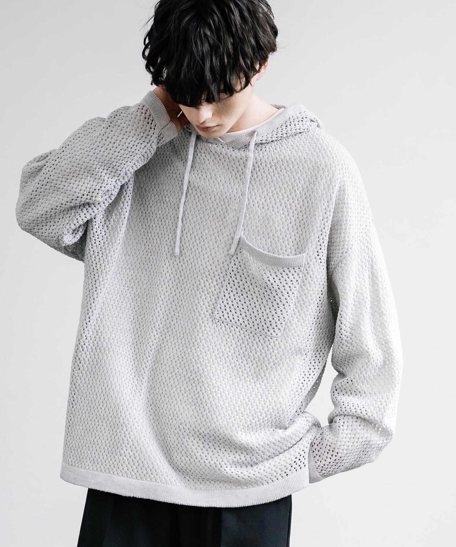 WISH FOR EVER パーカー LOW GAUGE FLAG KNIT HOODIE