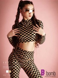 bombshell/ボムシェル bombshell セットアップ セットアップ チェッカー柄 ショート丈 伸縮性抜群 長袖 リブニット ロングパンツ ヘソ出し フレアパンツ ダンス/504691803