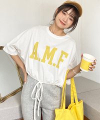 ad thie/ショート丈プリントTシャツ A.M.F 裾絞り ギャザー ロゴ/505937990