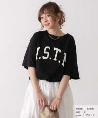 ad thie/H.S.T.N カレッジロゴ プリント Tシャツ ラウンド スリット チュニック ゆったり ビックTシャツ サイド スリット ロンT 柄/505976005