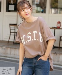 ad thie/H.S.T.N カレッジロゴ プリント Tシャツ ラウンド スリット チュニック ゆったり ビックTシャツ サイド スリット ロンT 柄/505976005