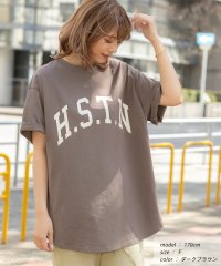 ad thie/H.S.T.N カレッジロゴ プリント Tシャツ ラウンド スリット チュニック ゆったり ビックTシャツ サイド スリット ロンT 柄/505976005