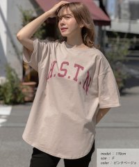 ad thie/H.S.T.N カレッジロゴ プリント Tシャツ ラウンド スリット チュニック ゆったり ビックTシャツ サイド スリット ロンT 柄/505976005