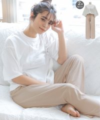 ad thie/カリグラフィ ロゴ プリント Tシャツ ＆ リボン付き ワイドパンツ 2枚 セット ルームウエア 半袖 長ズボン 春 夏/505910783