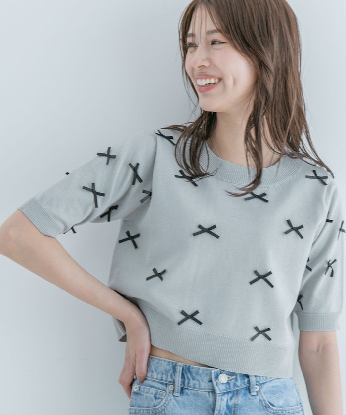 セール 13%OFF】麻タッチ天竺リボン付き半袖ニットプルオーバー