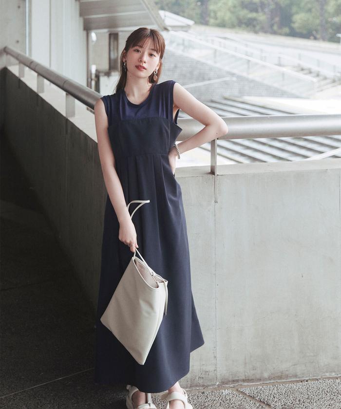 涼やか ふんわり シフォン ドッキングワンピース ベージュ 綿 ロールアップ ゴールドジャパン GOLDJAPAN ワンピース シフォン 重ね着風
