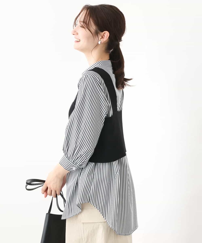 セール】ストライプ柄バンドカラーシャツ×ビスチェ風ニット セール】ストライプ柄バンドカラーシャツ×ビスチェ風ニット