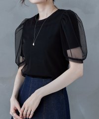 etoll./etoll. エトル チュールレイヤードリブトップス トップス カットソー Tシャツ 半袖 チュール リブ パフスリーブ クルーネック 丸首 シアー テレコ プ/505988849