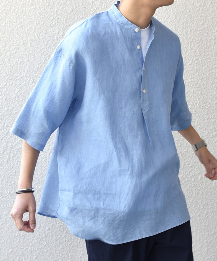 SHIPS シップス スリーブ スキッパー 半袖リネンシャツ プルオーバー SHIPS any: ピュアリネン バンド スキッパー ハーフスリーブ