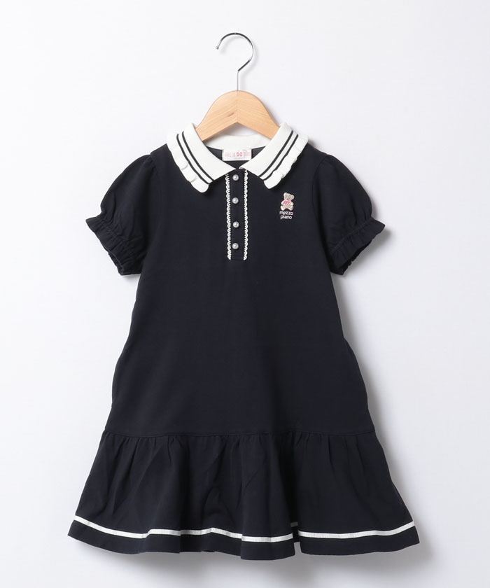 新品　メゾピアノ　クマ刺しゅう　ポロ衿パフスリーブ　ワンピース クマ刺しゅう ポロ衿パフスリーブ ワンピース(110cm サックス